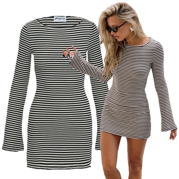 Princess Polly Bryanna Stripe Black White Bell Flare Sleeve Ribbed Mini Dress - Picture 1 of 12